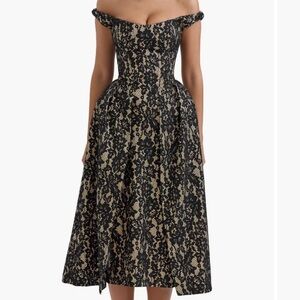 House of CB Black and Gold Pleated Off-Shoulder Gown